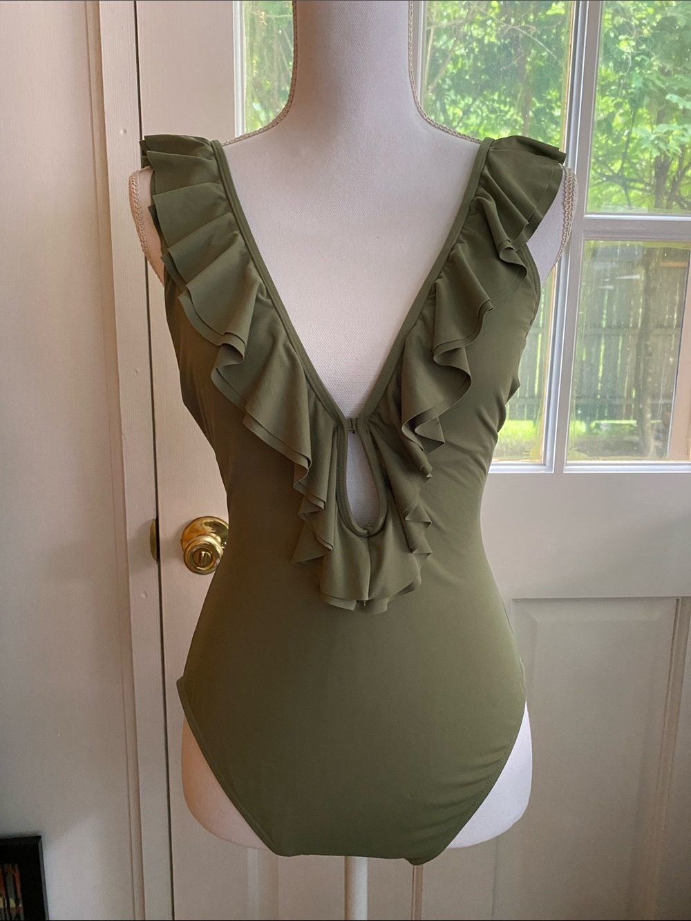 Michael Kors Olive Ruffle V-Neck Swimsuit